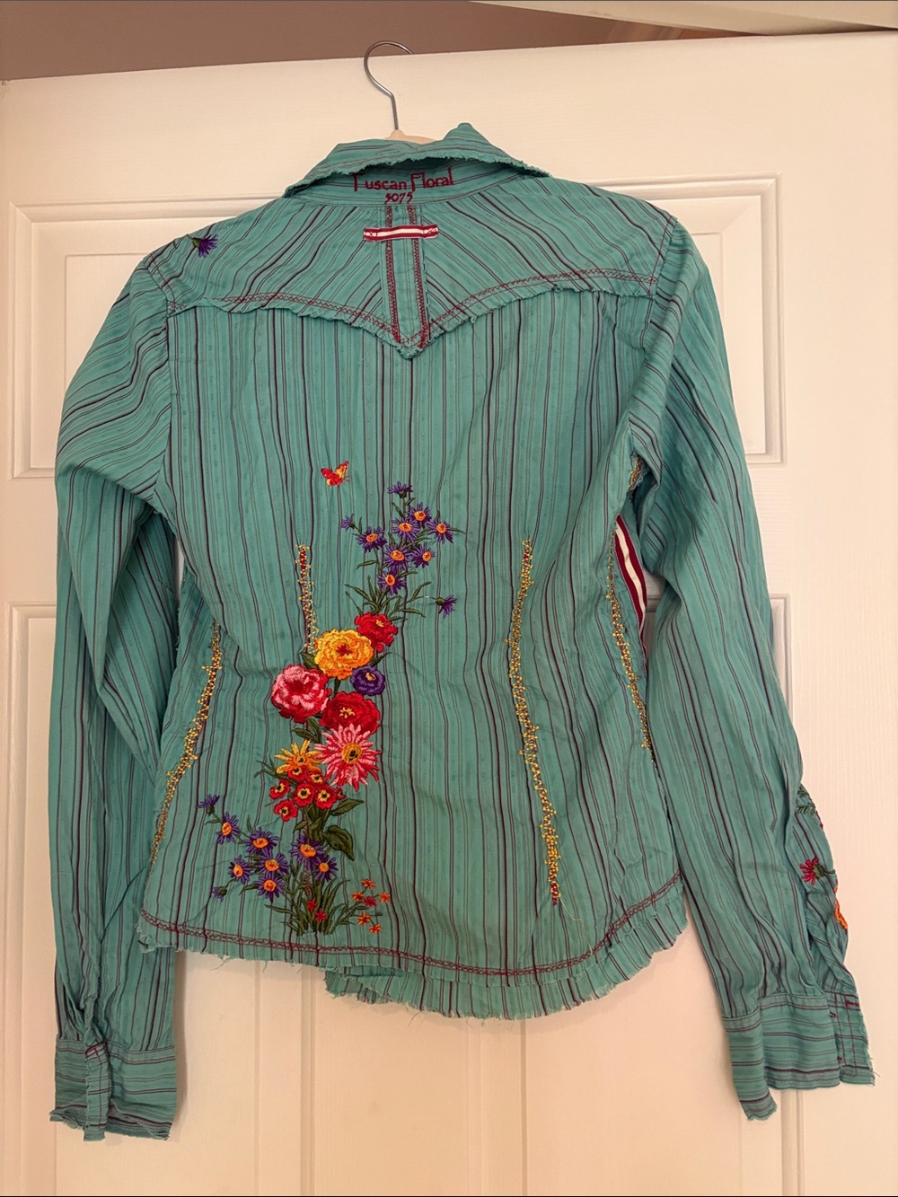 Workshop Embroidered Teal Striped Button-Up Shirt Jacket - Picture 3 of 3